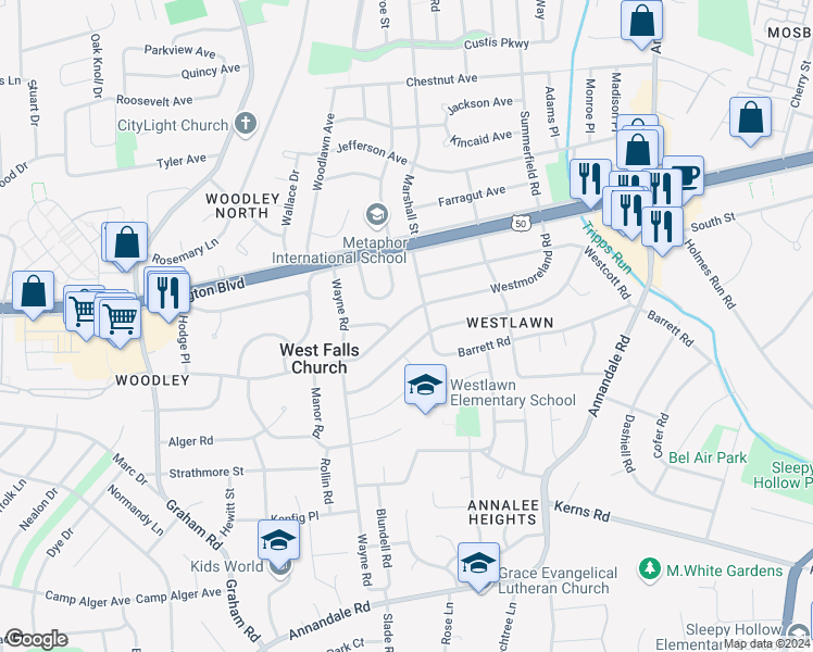 map of restaurants, bars, coffee shops, grocery stores, and more near 6919 Westmoreland Road in Falls Church
