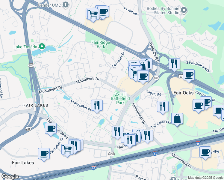 map of restaurants, bars, coffee shops, grocery stores, and more near 12312 Strong Court in Fairfax