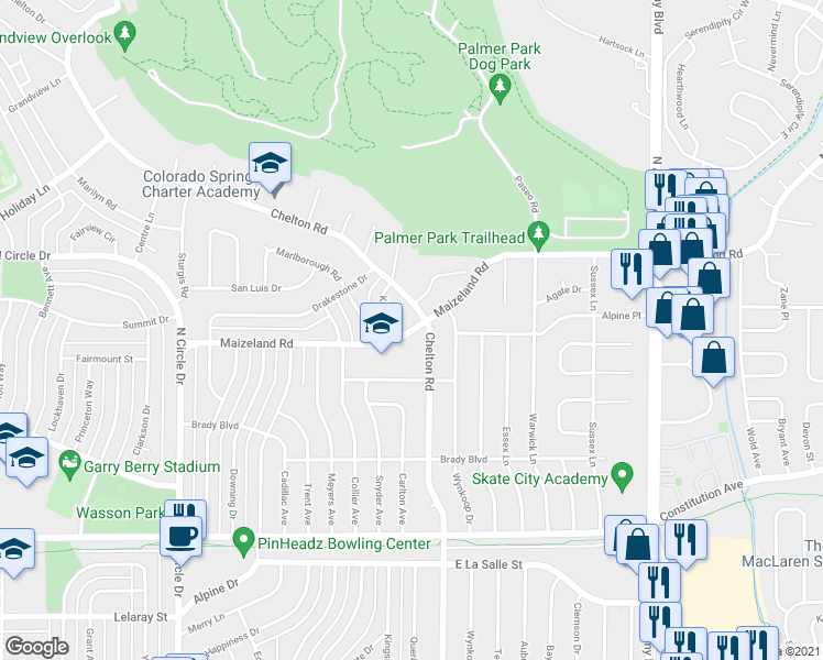map of restaurants, bars, coffee shops, grocery stores, and more near 3302 Maizeland Road in Colorado Springs