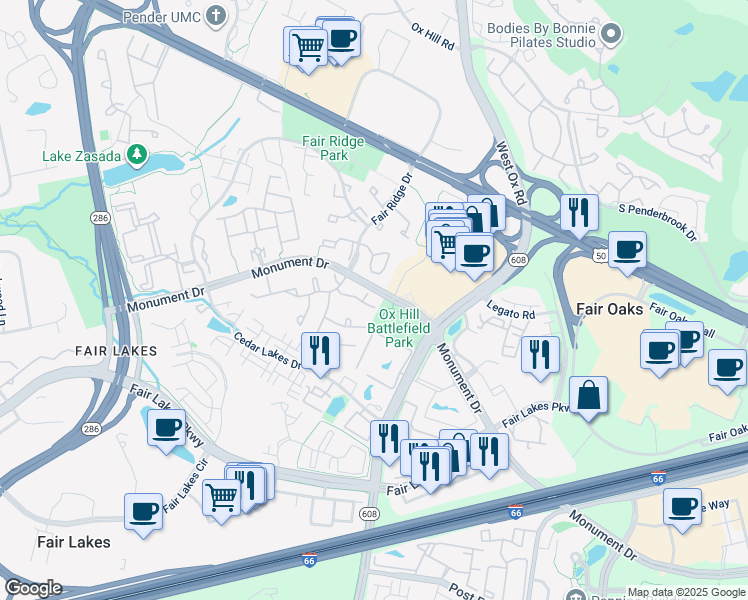 map of restaurants, bars, coffee shops, grocery stores, and more near 12308 Strong Court in Fairfax