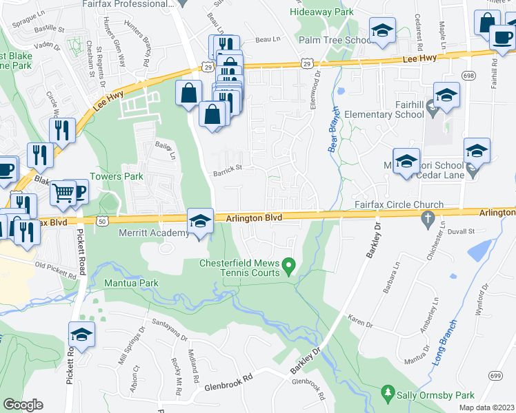 map of restaurants, bars, coffee shops, grocery stores, and more near 9100 Arlington Boulevard in Fairfax