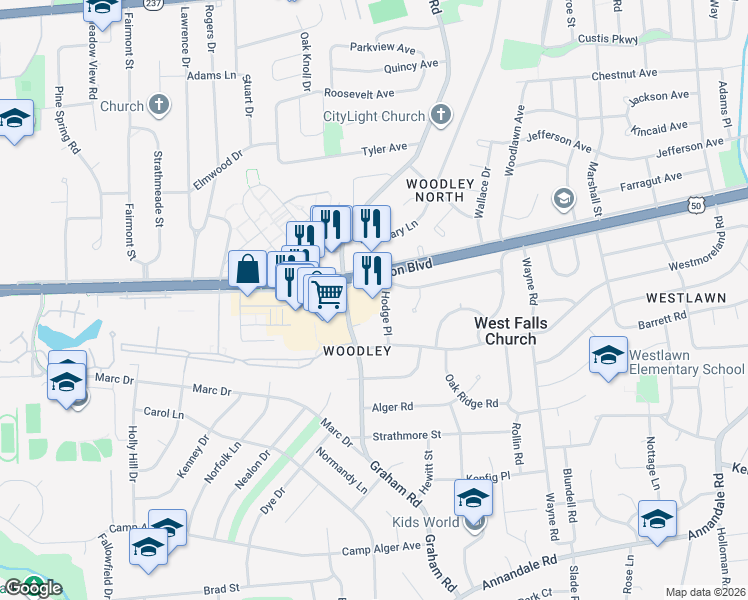 map of restaurants, bars, coffee shops, grocery stores, and more near 3101 Hodge Place in Falls Church