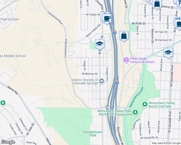 map of restaurants, bars, coffee shops, grocery stores, and more near 2220 North 7th Street in Colorado Springs