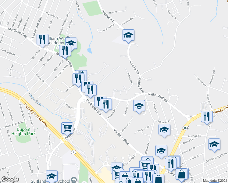 map of restaurants, bars, coffee shops, grocery stores, and more near 1710 Brooksquare Drive in Capitol Heights