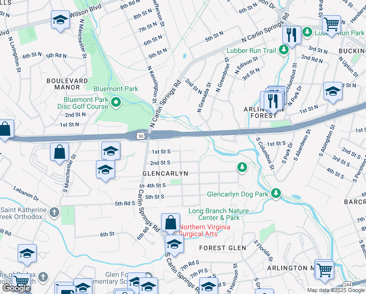 map of restaurants, bars, coffee shops, grocery stores, and more near 5629 1st Street South in Arlington
