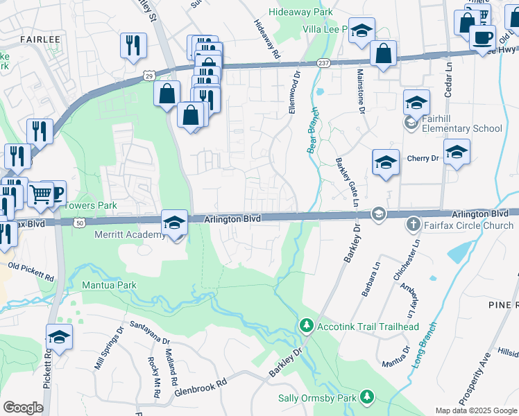 map of restaurants, bars, coffee shops, grocery stores, and more near 9078 Arlington Boulevard in Fairfax