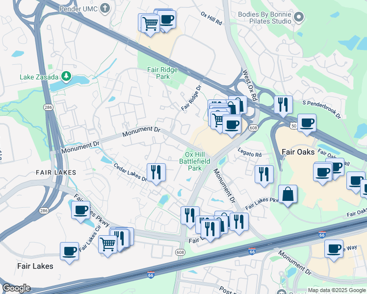 map of restaurants, bars, coffee shops, grocery stores, and more near 12306 Strong Court in Fairfax