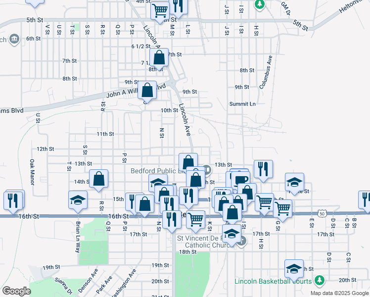 map of restaurants, bars, coffee shops, grocery stores, and more near 1220 M Street in Bedford