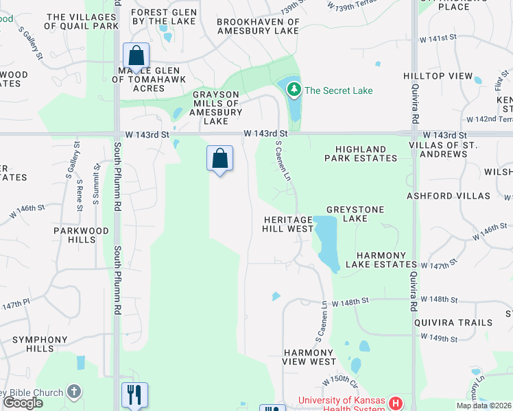 map of restaurants, bars, coffee shops, grocery stores, and more near 14530 Parkhill in Olathe