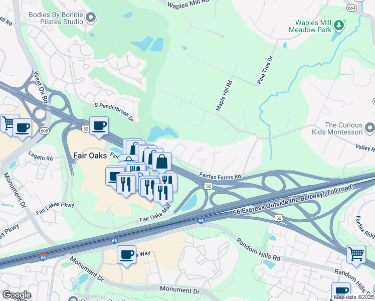 map of restaurants, bars, coffee shops, grocery stores, and more near 11720 Valley Ridge Circle in Fairfax