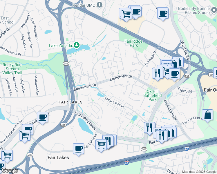 map of restaurants, bars, coffee shops, grocery stores, and more near 4277 Fox Lake Drive in Fairfax