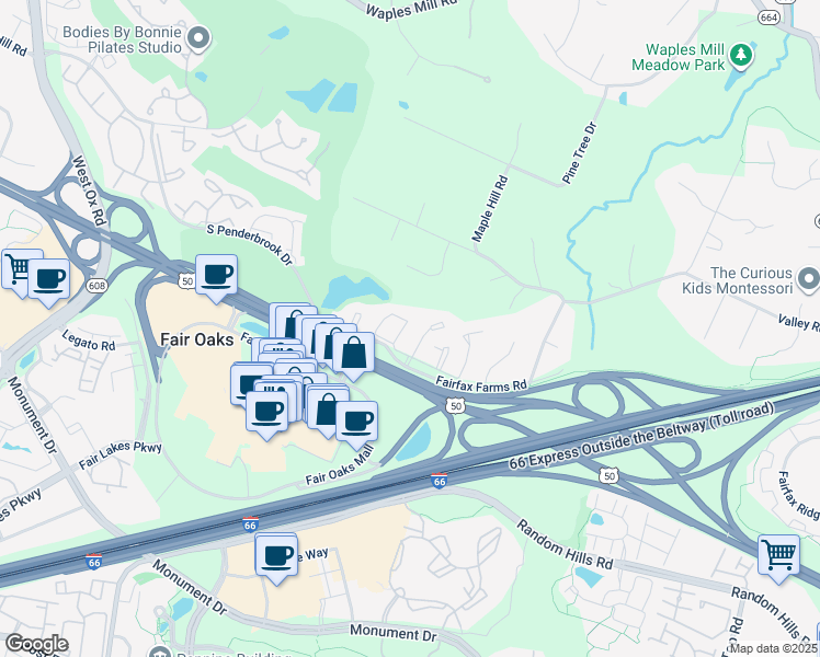 map of restaurants, bars, coffee shops, grocery stores, and more near 11720 Valley Ridge Circle in Fairfax