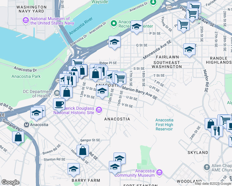 map of restaurants, bars, coffee shops, grocery stores, and more near 1514 U Street Southeast in Washington
