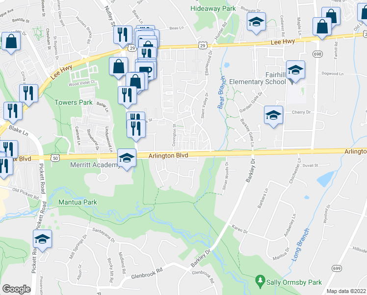 map of restaurants, bars, coffee shops, grocery stores, and more near 9078 Arlington Boulevard in Fairfax
