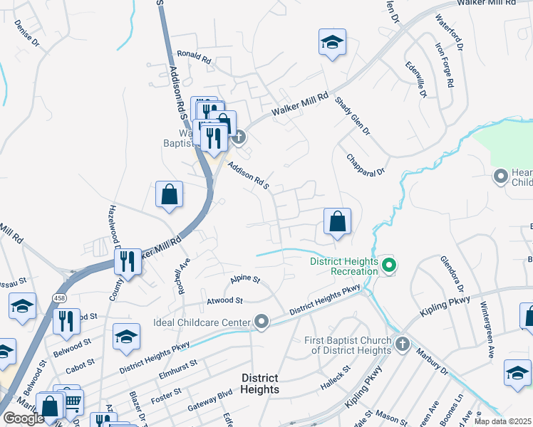 map of restaurants, bars, coffee shops, grocery stores, and more near 1949 Addison Road South in District Heights