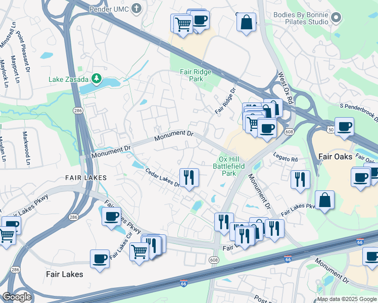 map of restaurants, bars, coffee shops, grocery stores, and more near 4207 Fox Lake Drive in Fairfax