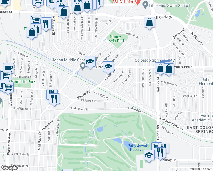 map of restaurants, bars, coffee shops, grocery stores, and more near 2412 Yorktown Road in Colorado Springs