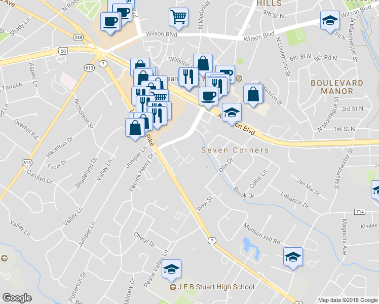 map of restaurants, bars, coffee shops, grocery stores, and more near 6174 Greenwood Drive in Falls Church