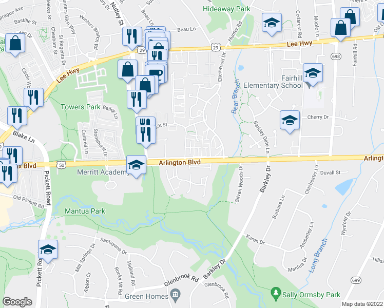 map of restaurants, bars, coffee shops, grocery stores, and more near 9082 Arlington Boulevard in Fairfax