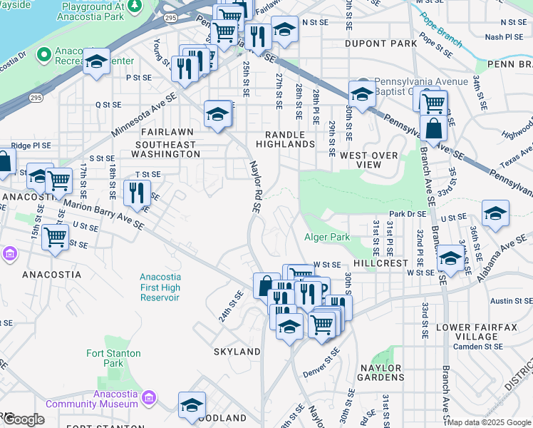 map of restaurants, bars, coffee shops, grocery stores, and more near 2524 Naylor Road Southeast in Washington