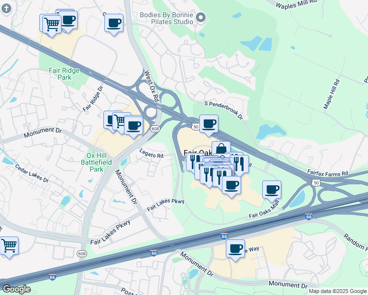 map of restaurants, bars, coffee shops, grocery stores, and more near 12055 Lee Jackson Memorial Highway in Fairfax