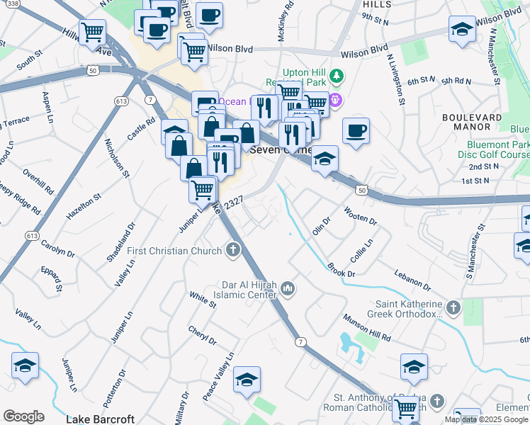 map of restaurants, bars, coffee shops, grocery stores, and more near 6174 Greenwood Drive in Falls Church