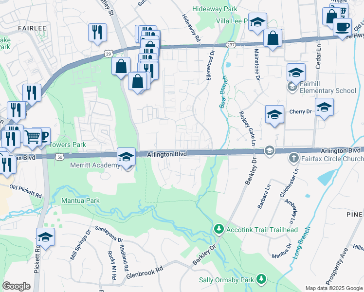 map of restaurants, bars, coffee shops, grocery stores, and more near 9082 Arlington Boulevard in Fairfax
