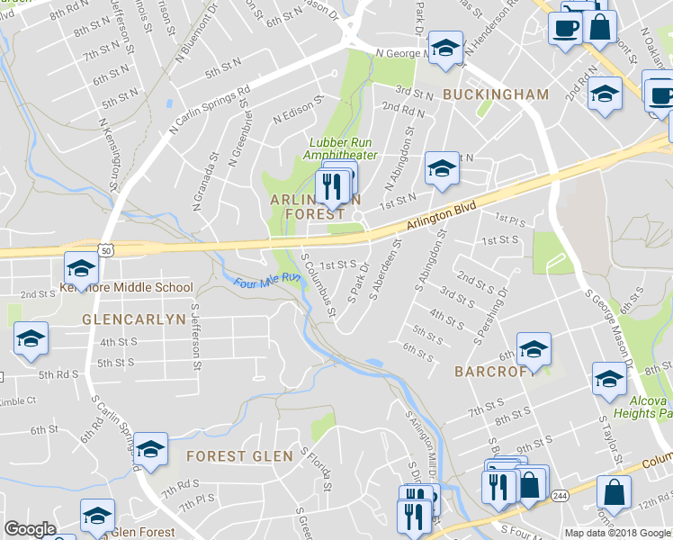 map of restaurants, bars, coffee shops, grocery stores, and more near 4824 1st Street South in Arlington