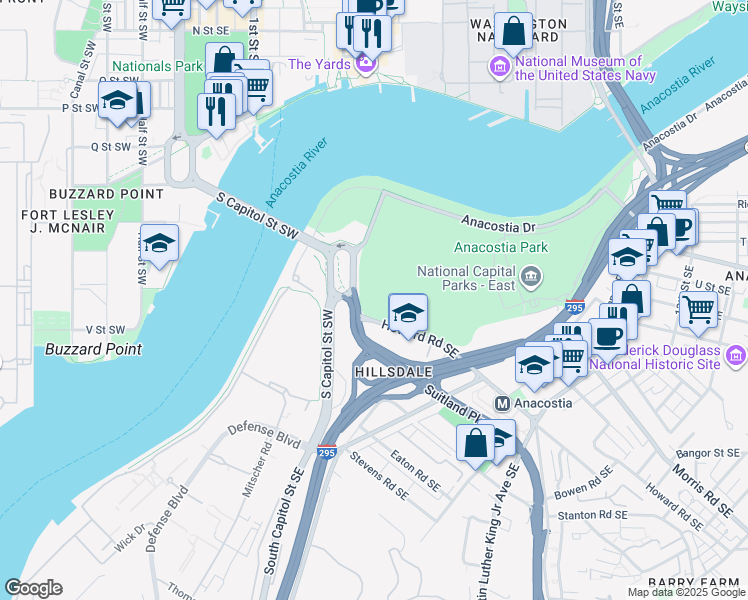 map of restaurants, bars, coffee shops, grocery stores, and more near 600 Howard Road Southeast in Washington