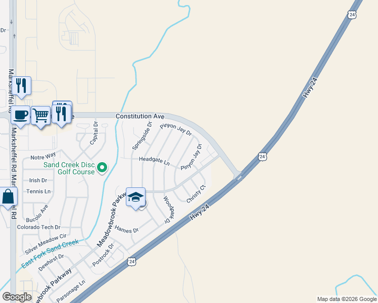 map of restaurants, bars, coffee shops, grocery stores, and more near 2303 Jeanette Way in Colorado Springs