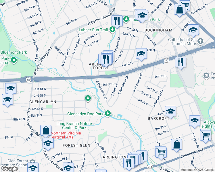 map of restaurants, bars, coffee shops, grocery stores, and more near 4824 1st Street South in Arlington