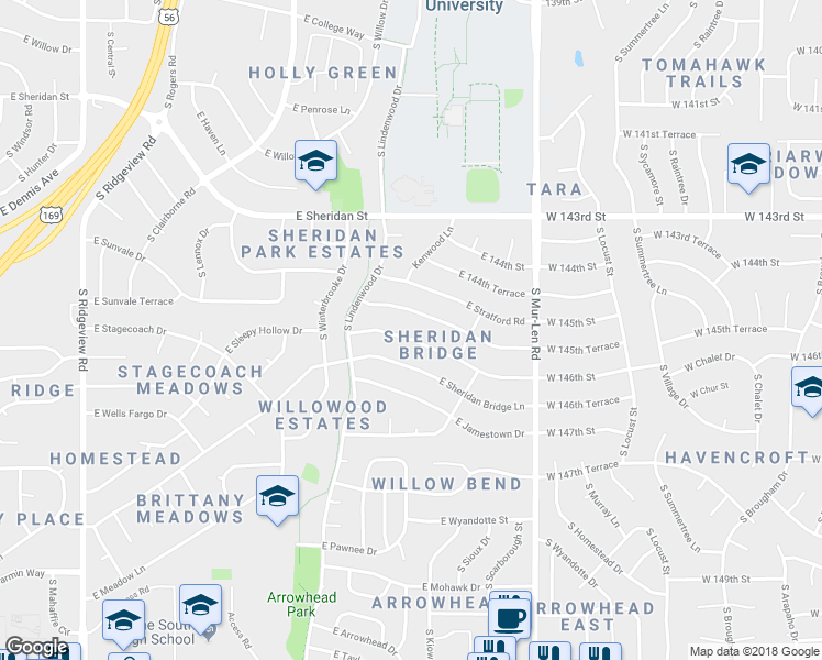map of restaurants, bars, coffee shops, grocery stores, and more near 1936 Sleepy Hollow Drive in Olathe