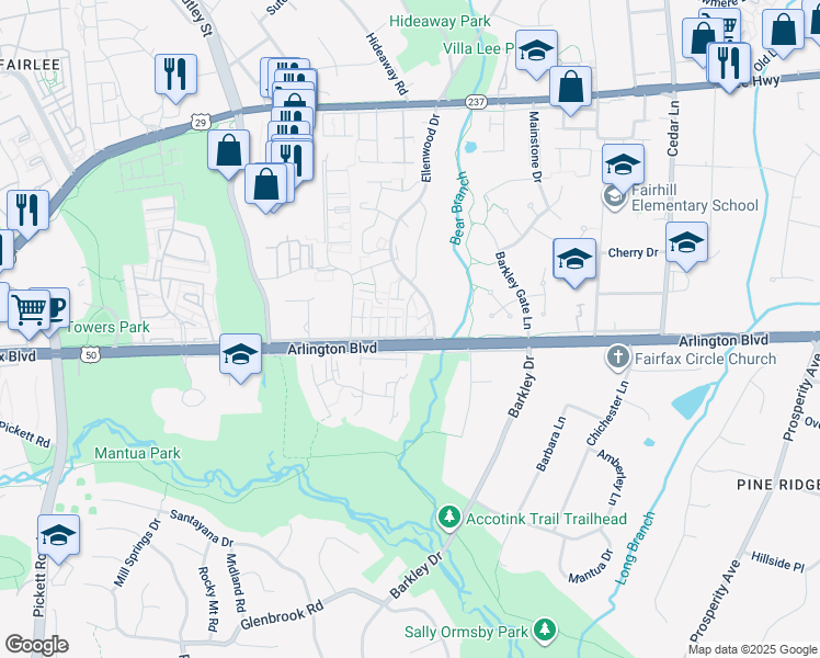 map of restaurants, bars, coffee shops, grocery stores, and more near 3123 Pebble Hill Lane in Fairfax