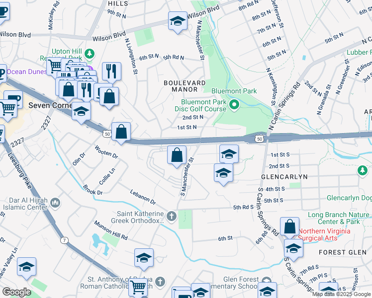 map of restaurants, bars, coffee shops, grocery stores, and more near 18 South Montana Street in Arlington