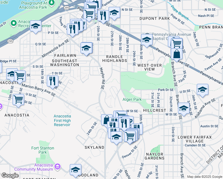 map of restaurants, bars, coffee shops, grocery stores, and more near 2713 Fort Baker Drive Southeast in Washington