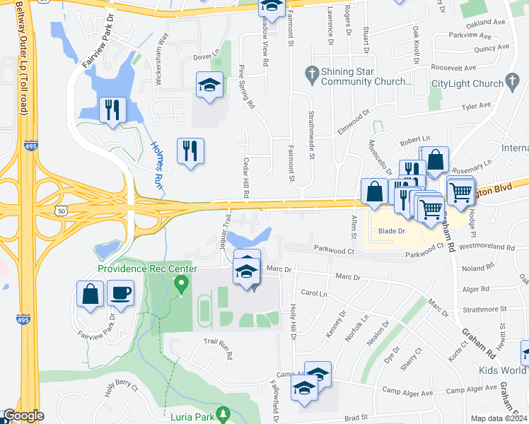 map of restaurants, bars, coffee shops, grocery stores, and more near 3100 Black Hickory Drive in Falls Church