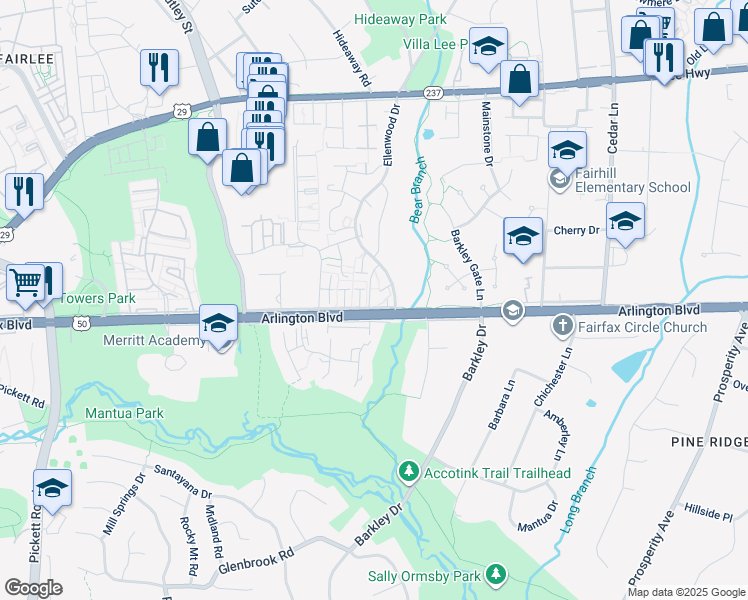 map of restaurants, bars, coffee shops, grocery stores, and more near 3123 Pebble Hill Lane in Fairfax