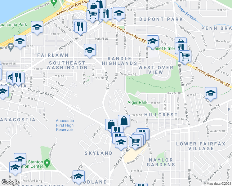 map of restaurants, bars, coffee shops, grocery stores, and more near 2713 Fort Baker Drive Southeast in Washington