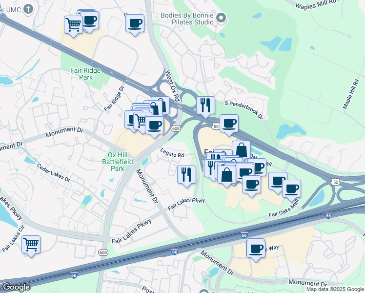map of restaurants, bars, coffee shops, grocery stores, and more near 4050 Legato Road in Fairfax