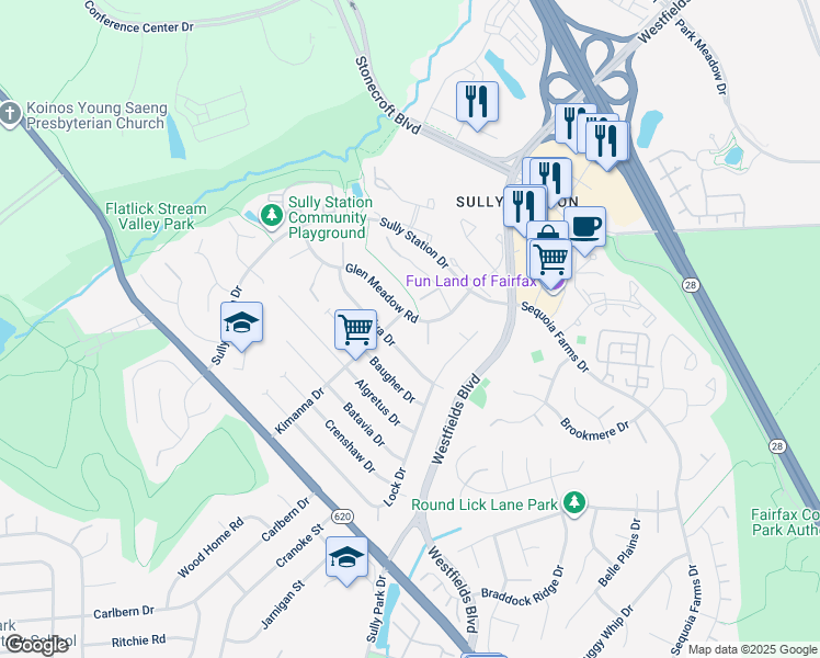 map of restaurants, bars, coffee shops, grocery stores, and more near 5225 Glen Meadow Road in Centreville