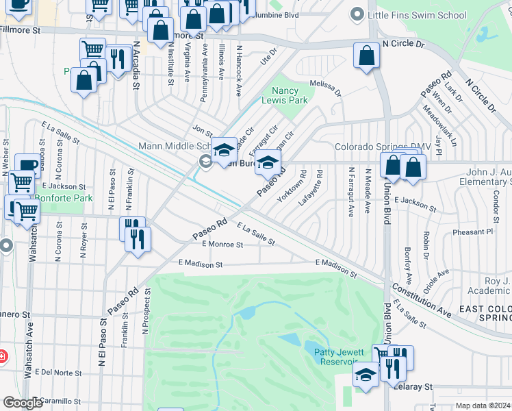 map of restaurants, bars, coffee shops, grocery stores, and more near 2412 Yorktown Road in Colorado Springs