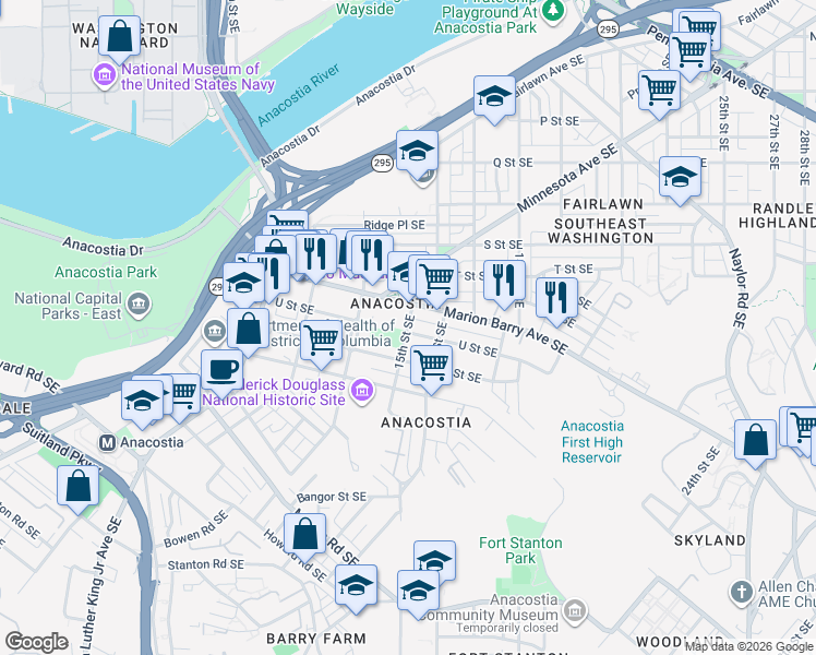 map of restaurants, bars, coffee shops, grocery stores, and more near 101 Independence Avenue Southeast in Washington