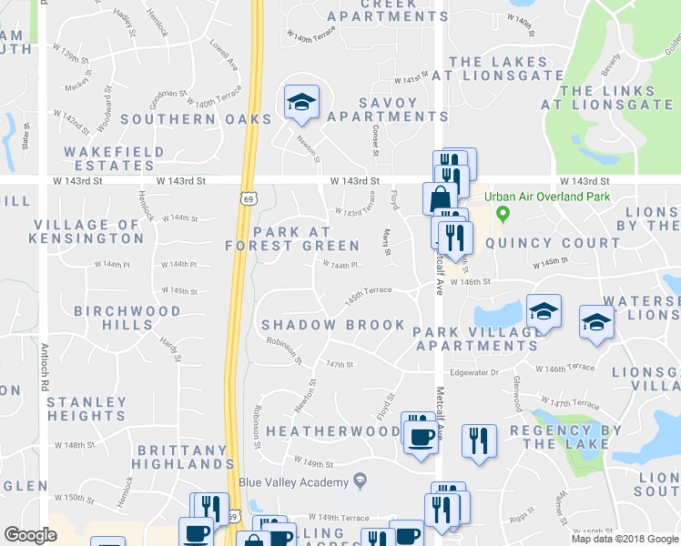 map of restaurants, bars, coffee shops, grocery stores, and more near 7607 West 144th Place in Overland Park