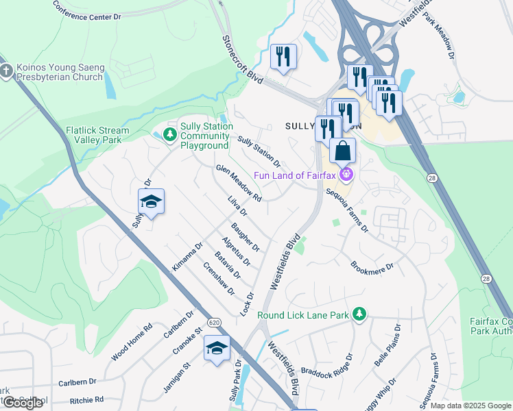 map of restaurants, bars, coffee shops, grocery stores, and more near 5225 Glen Meadow Road in Centreville