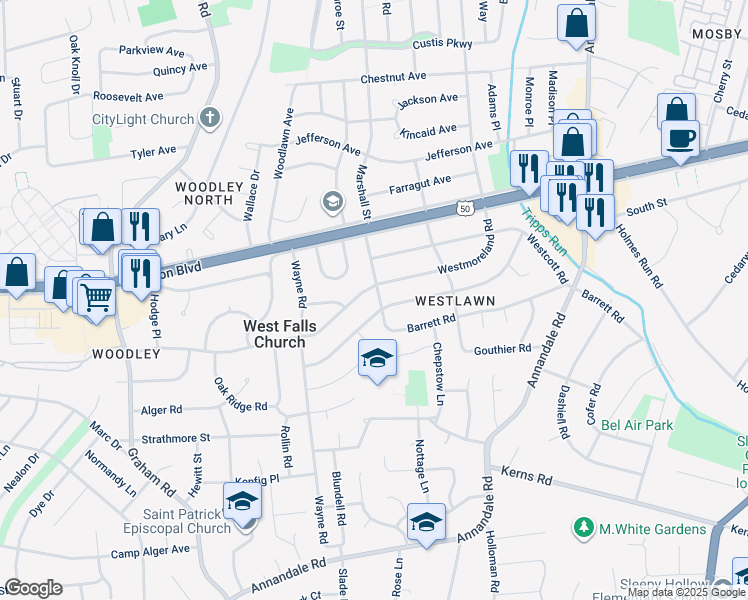 map of restaurants, bars, coffee shops, grocery stores, and more near 6915 Barrett Road in Falls Church
