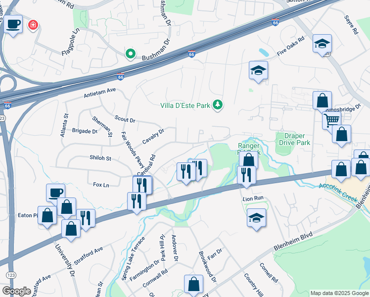map of restaurants, bars, coffee shops, grocery stores, and more near 10026 Fair Woods Drive in Fairfax