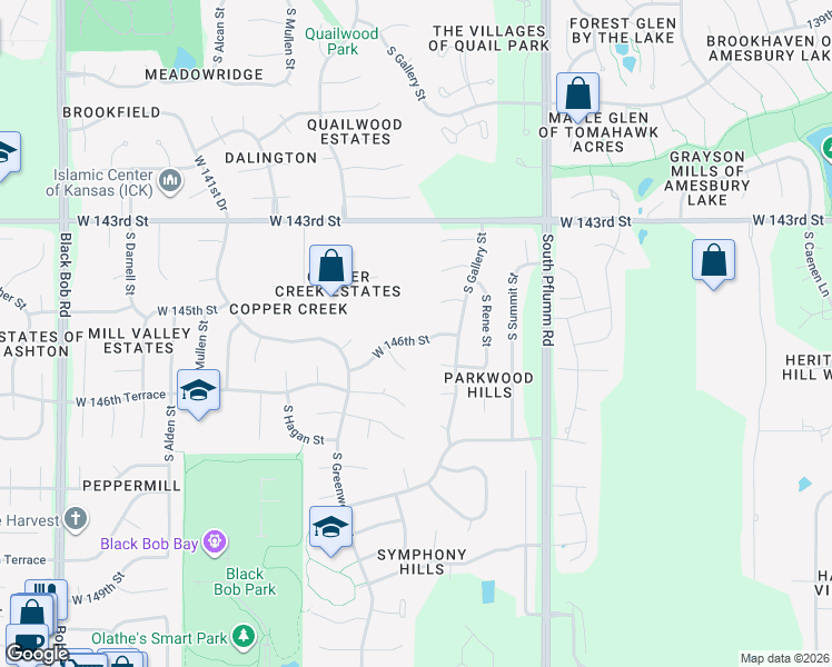 map of restaurants, bars, coffee shops, grocery stores, and more near 14645 South Hallet Street in Olathe