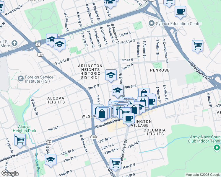 map of restaurants, bars, coffee shops, grocery stores, and more near 701 South Highland Street in Arlington