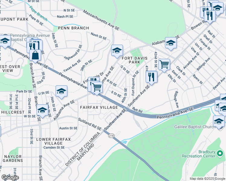 map of restaurants, bars, coffee shops, grocery stores, and more near 3918 S Street Southeast in Washington