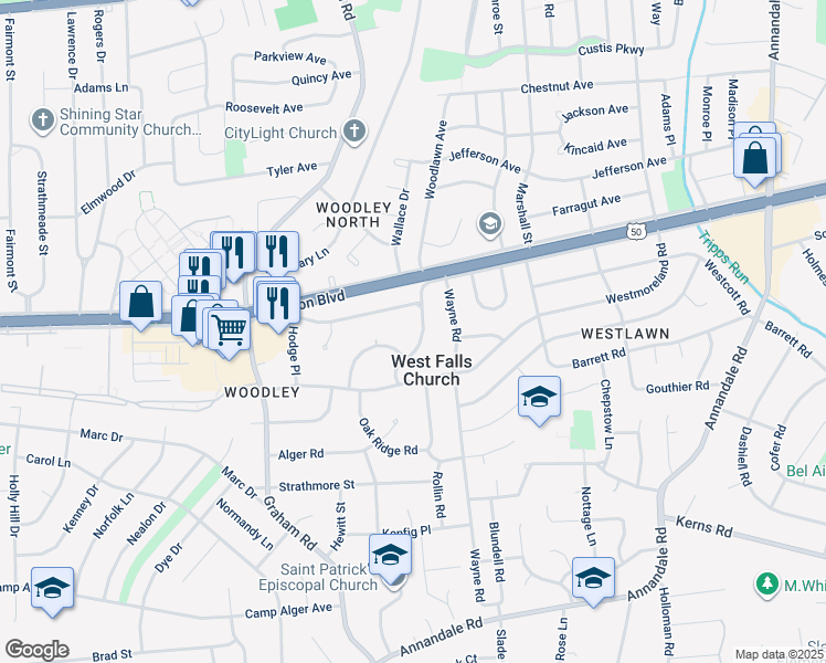map of restaurants, bars, coffee shops, grocery stores, and more near 3038 Manor Road in Falls Church